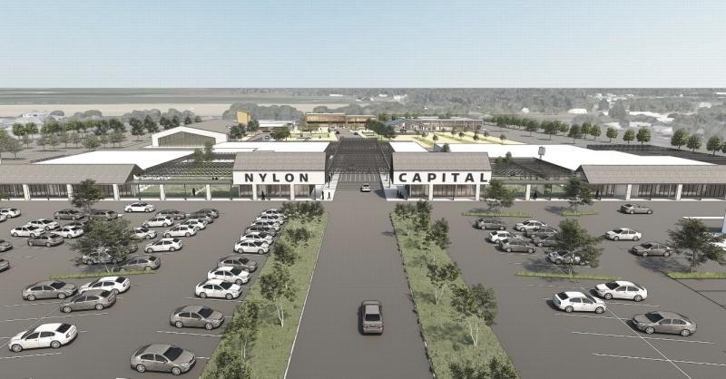 This is an architectural rendering of what the Nylon Capital Center will look like in Seaford. The project includes green space and walking trails. NINTH STREET DEVELOPMENT GRAPHIC